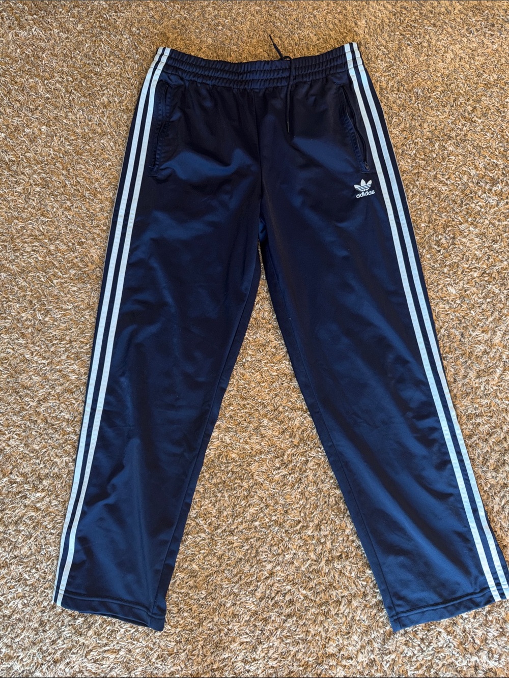 Adidas navy blue with light blue stripes firebird track pants
